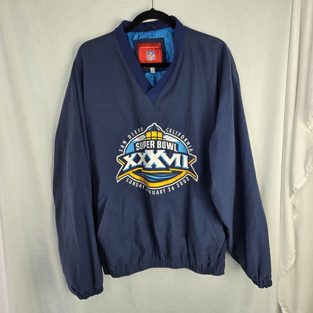 Vintage NFL Super Bowl XXXVII Wind Jacket Mens XL Navy Embroidered Football